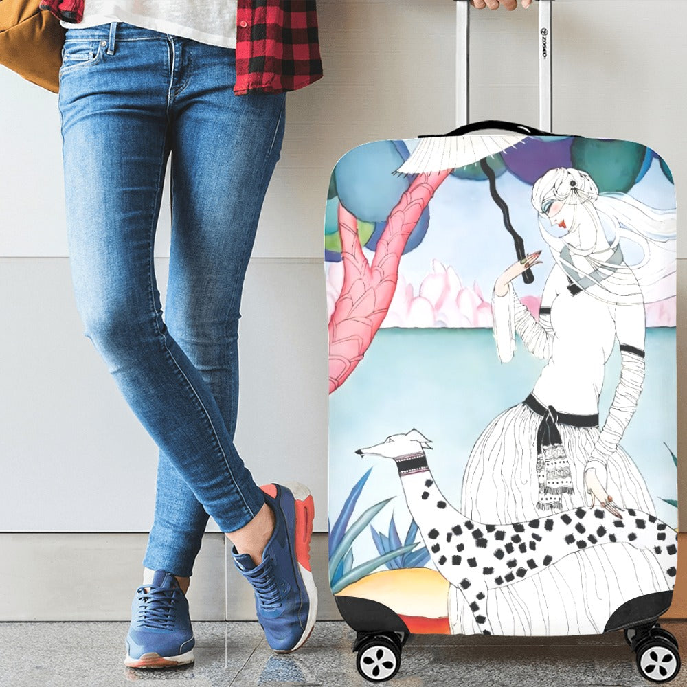 Art Nouveau Lady & Spotted Hound Luggage Cover | Whimsical Illustrated Travel Protector | Stylish Suitcase Cover