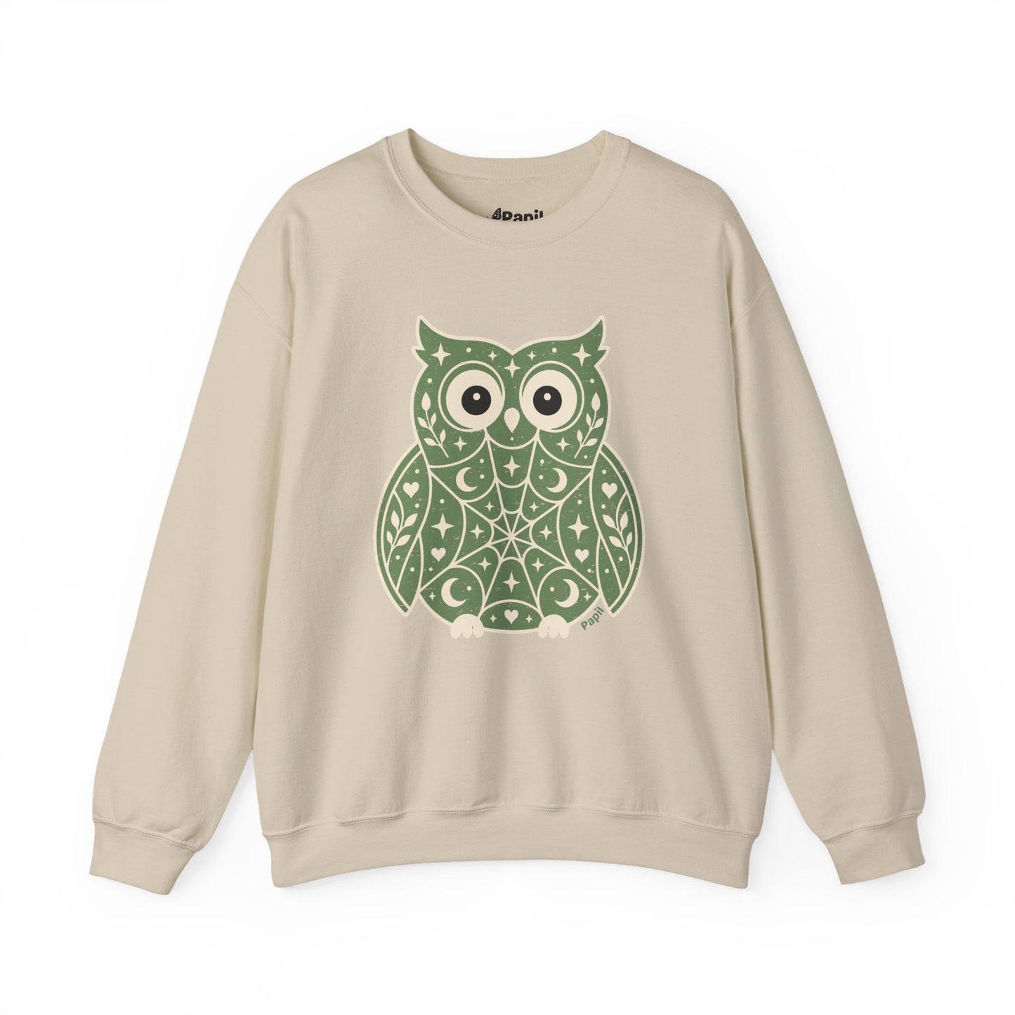 Decorative Folk Owl Crewneck Sweatshirt | Vintage Graphic Pullover Sand