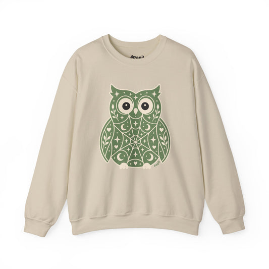 Decorative Folk Owl Crewneck Sweatshirt | Vintage Graphic Pullover Sand