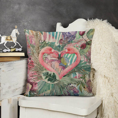 Flamingo Pair Linen Cushion Pillow Cover — Double-Sided Print, 45×45cm