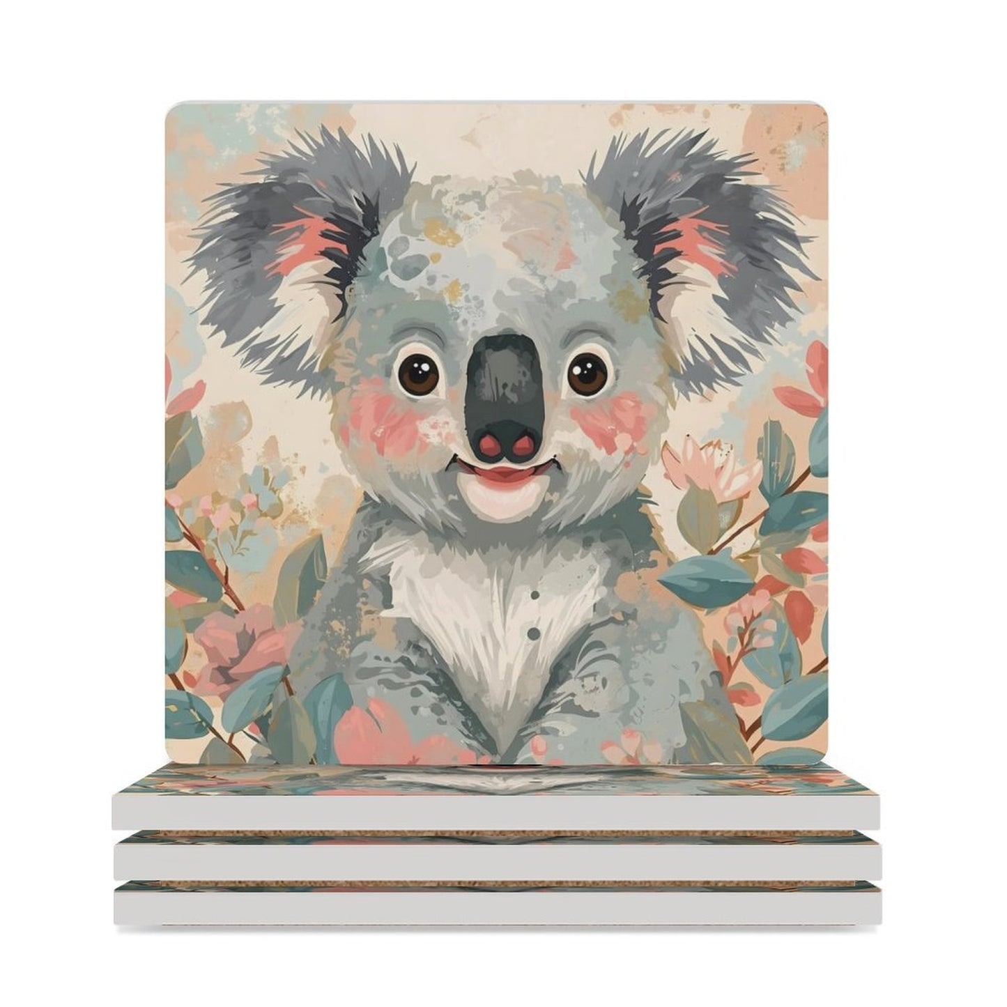 Koala in Bloom Ceramic Coasters (Set of 4 or 6) white