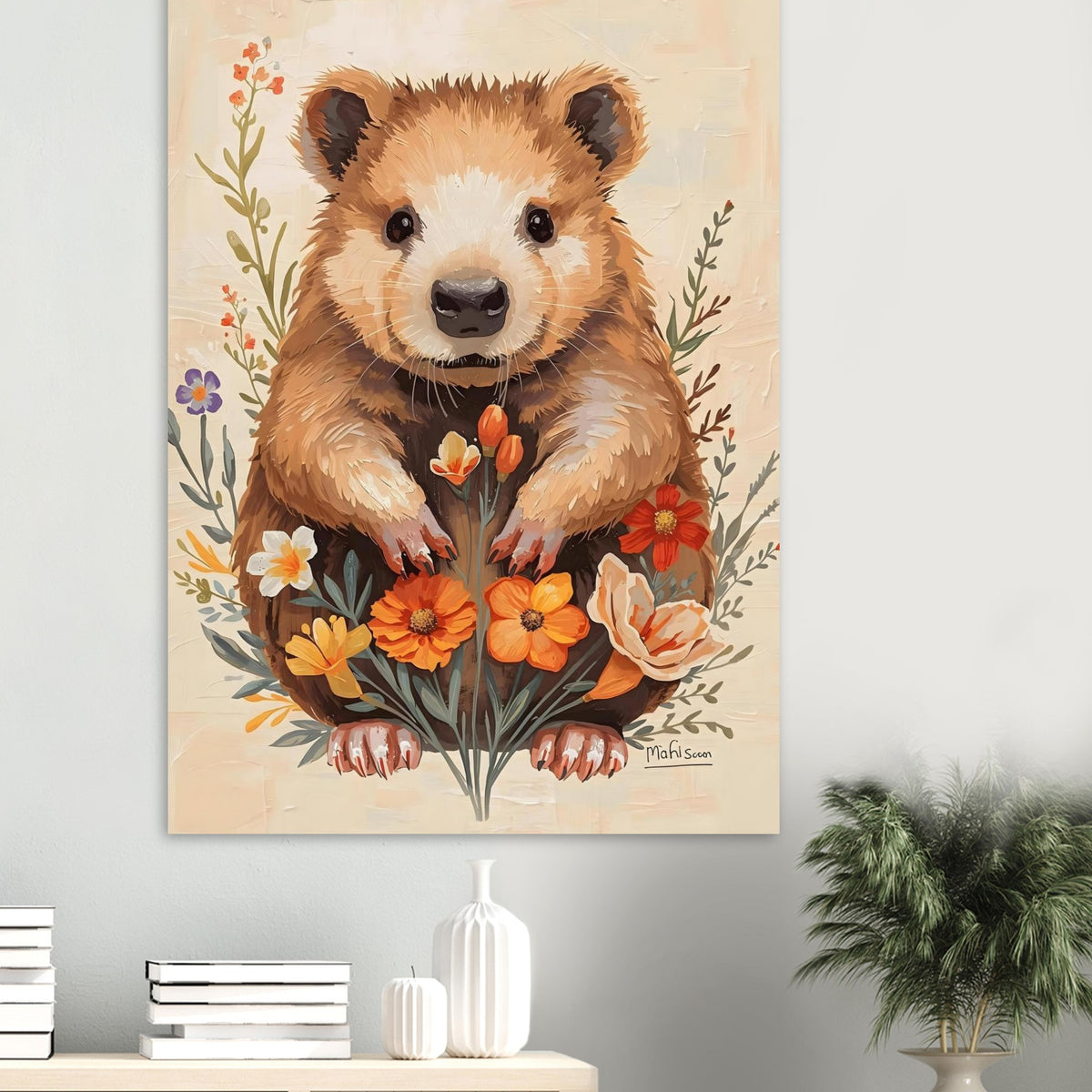 Charming Wildflower Critter Fine Art Poster in Warm Earthy Tones