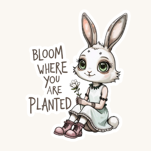 Bloom Where You Are Planted Bunny | Positive | White Gloss Vinyl | Die-Cut Sticker