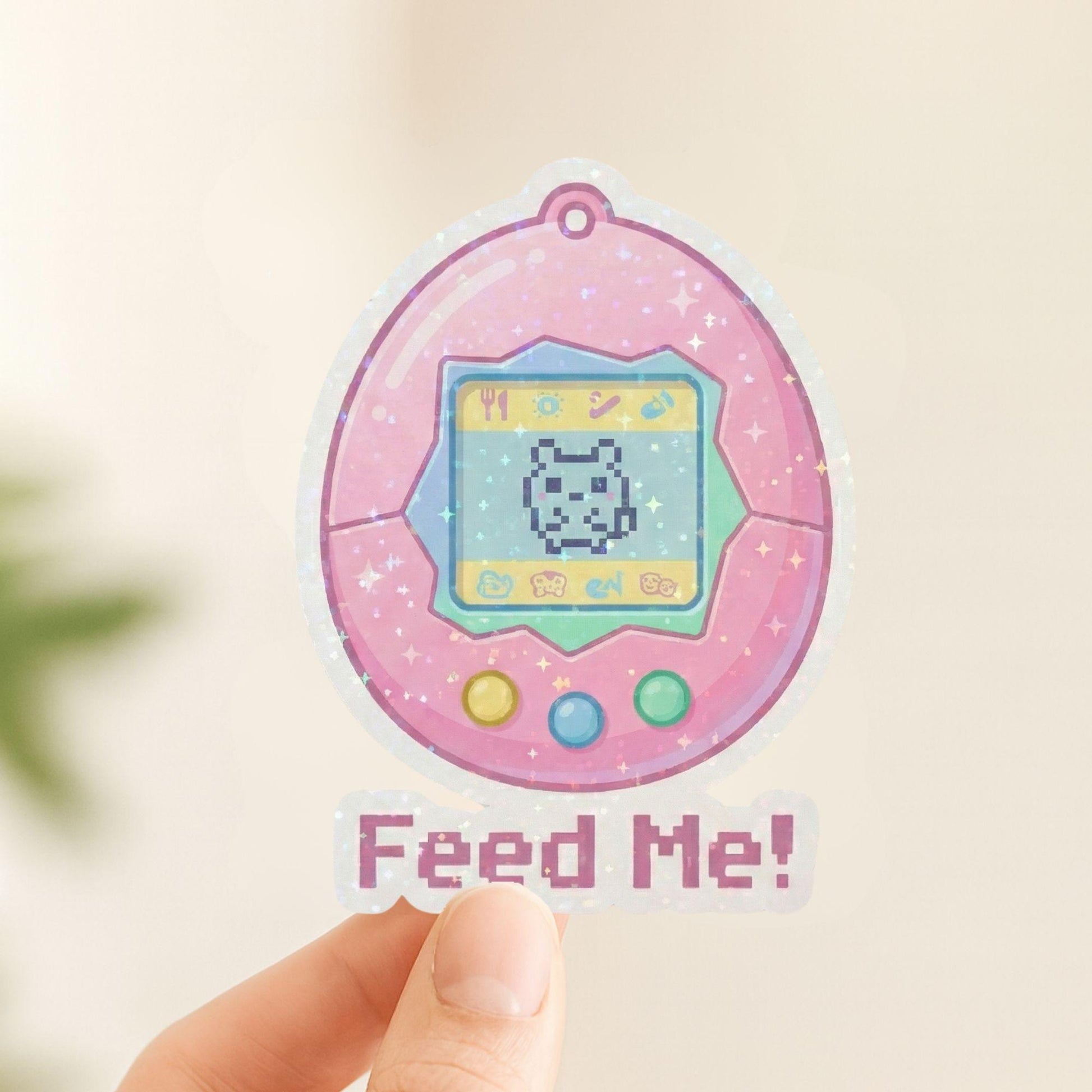 Feed Me Virtual Pet | 90s Retro Gaming | Glitter Vinyl | Die-Cut Sticker