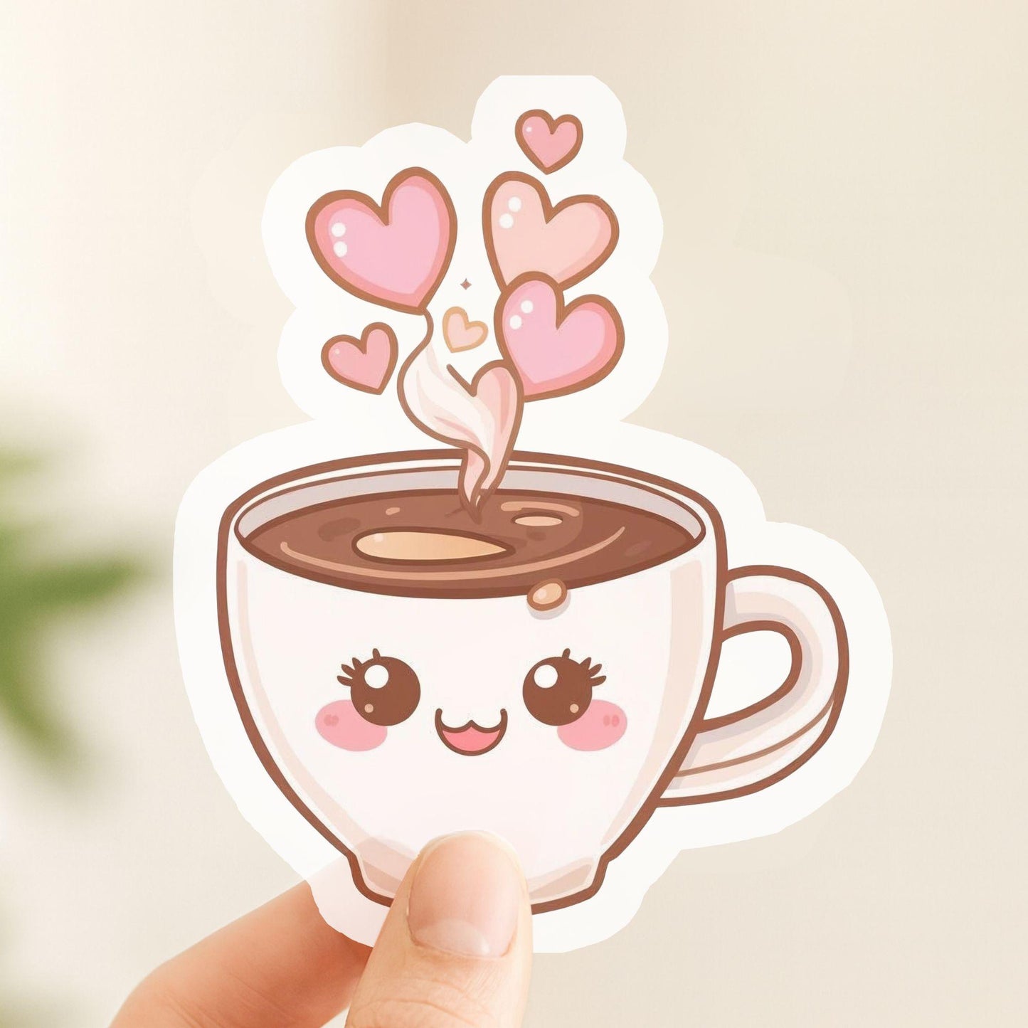 Coffee Cup of Love Smiling Mug | Kawaii Food | White Vinyl | Die-Cut Sticker
