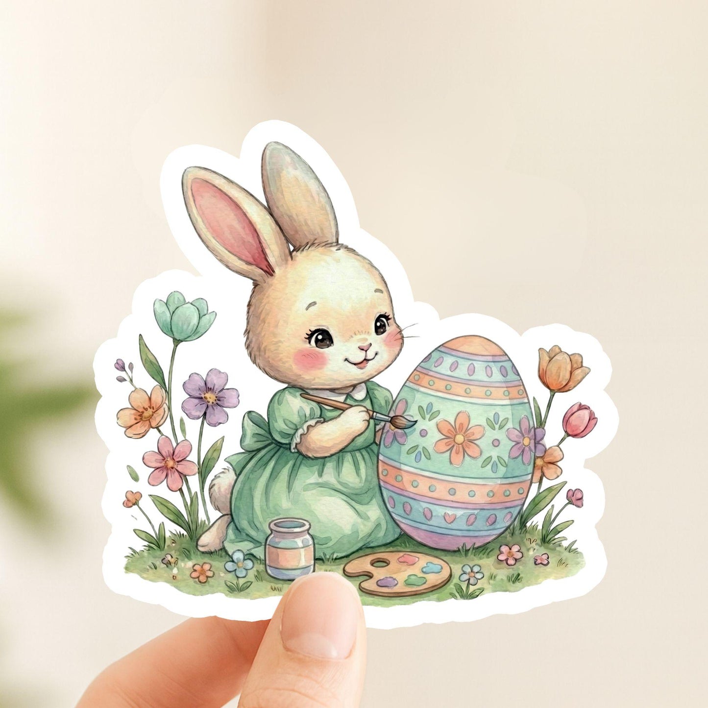 Easter Bunny Painting Spring Floral | Easter Decal | White Vinyl | Die-Cut Sticker
