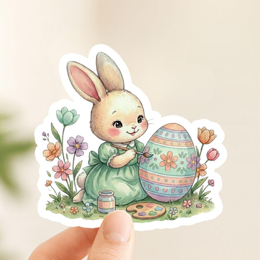 Easter Bunny Painting Spring Floral | Easter Decal | White Vinyl | Die-Cut Sticker