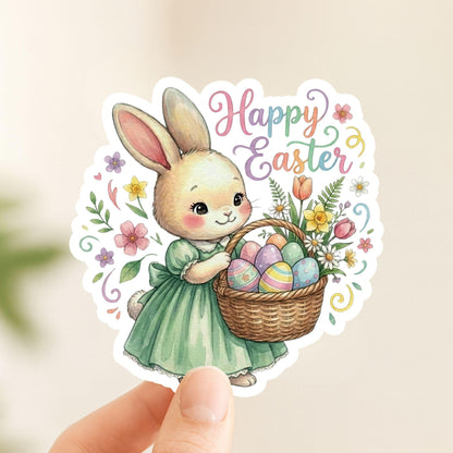 Happy Easter Bunny Spring Basket | Easter Decal | White Vinyl | Die-Cut Sticker