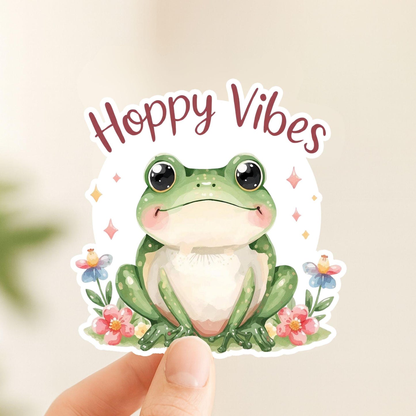 Hoppy Vibes Flower Frog | Nature Aesthetic | White Vinyl | Die-Cut Sticker