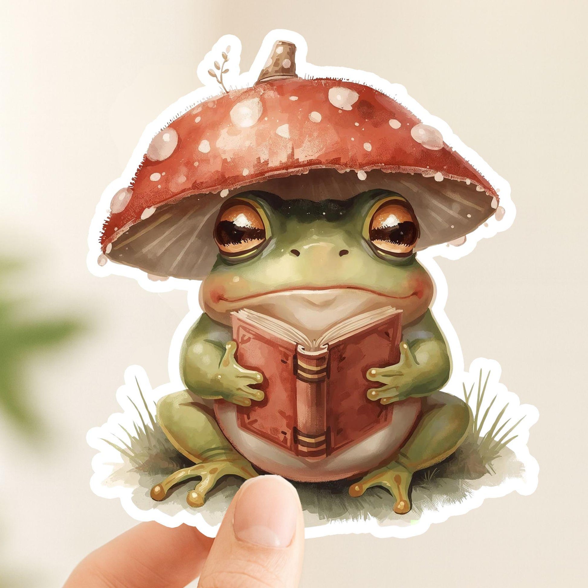Reading Mushroom Frog Bookish | Cottagecore | White Vinyl | Die-Cut Sticker