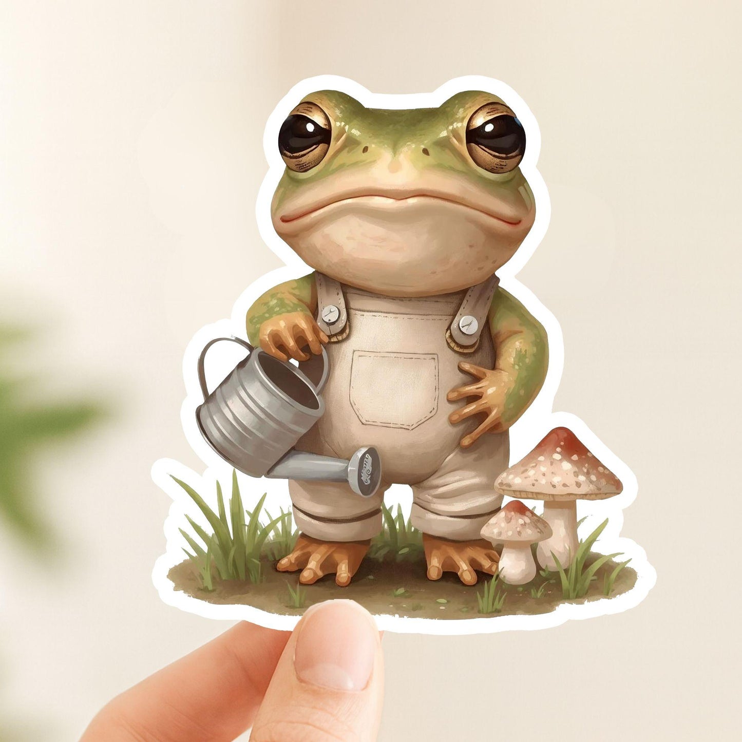 Gardening Frog Overalls & Can | Cottagecore | White Vinyl | Die-Cut Sticker