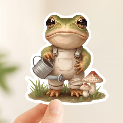 Gardening Frog Overalls & Can | Cottagecore | White Vinyl | Die-Cut Sticker