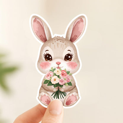 Bunny Bouquet Spring Flowers | Cottagecore | White Vinyl | Die-Cut Sticker