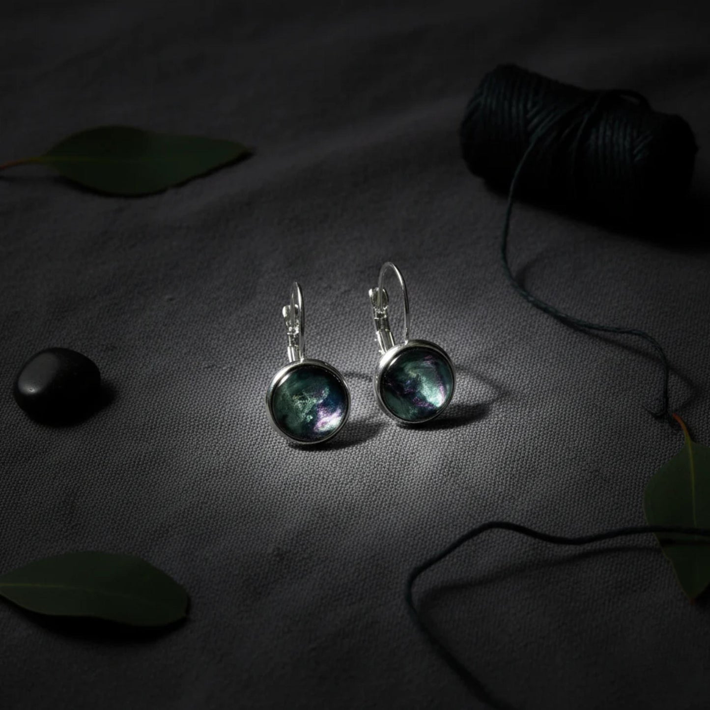 Handmade Iridescent Resin Drop Earrings – Cosmic Black with Green & Silver Shimmer