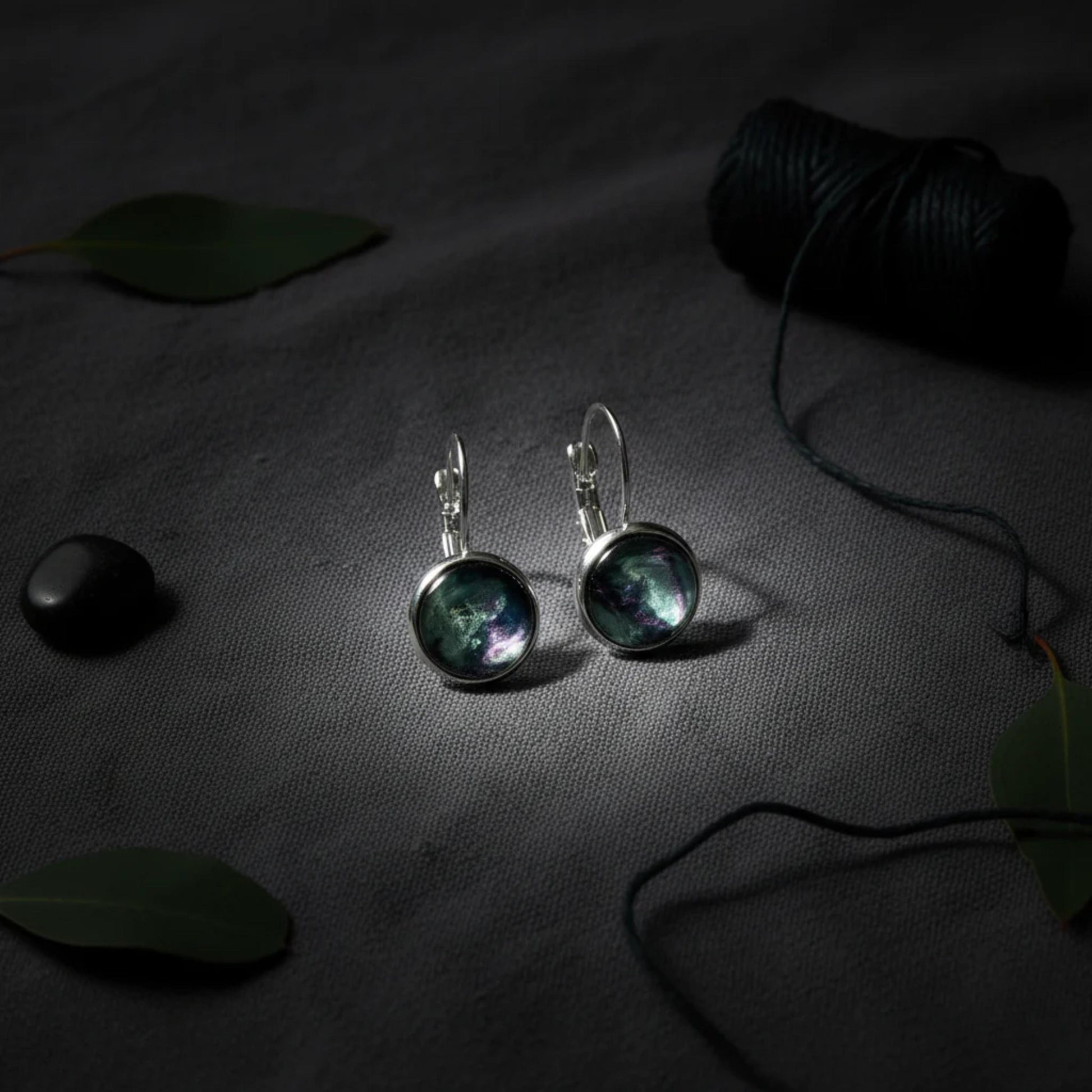 Handmade Iridescent Resin Drop Earrings – Cosmic Black with Green & Silver Shimmer