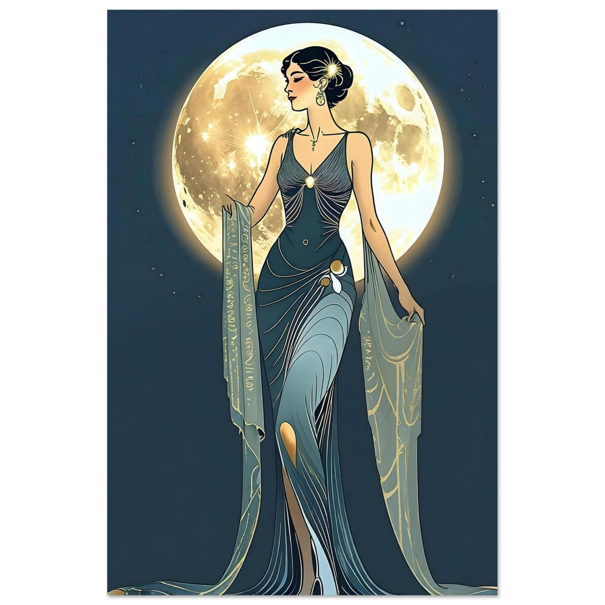 Art Deco Diva Moonlit Fine Art Poster - A Touch of Roaring Twenties Glamour for Your Walls 40x60 cm 16x24″