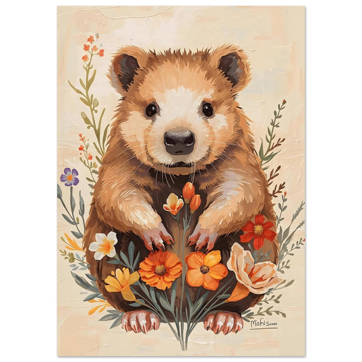 Charming Wildflower Critter Fine Art Poster in Warm Earthy Tones A0 (84.1 x 118.9 cm)