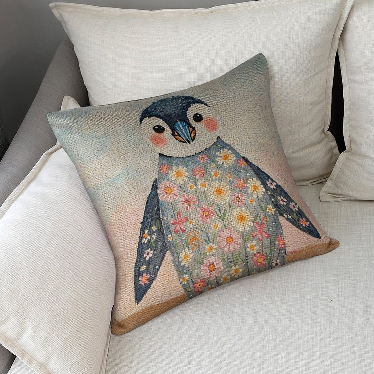 Floral Penguin Linen Cushion Pillow Cover — Double-Sided Print, 45×45cm