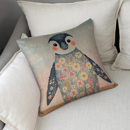Floral Penguin Linen Cushion Pillow Cover — Double-Sided Print, 45×45cm