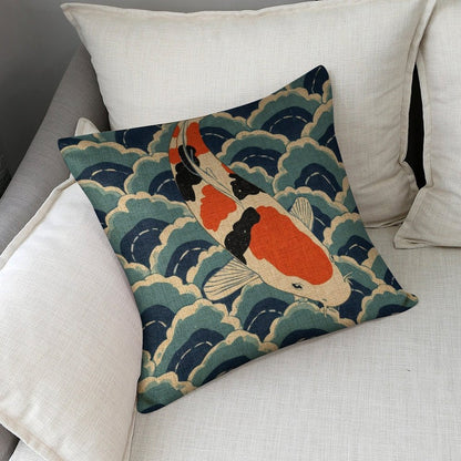 Koi Harmony Linen Cushion Pillow Cover — Double-Sided Print, 45×45cm