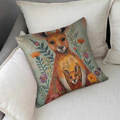 Kangaroo & Joey Linen Cushion Pillow Cover — Double-Sided Print, 45×45cm