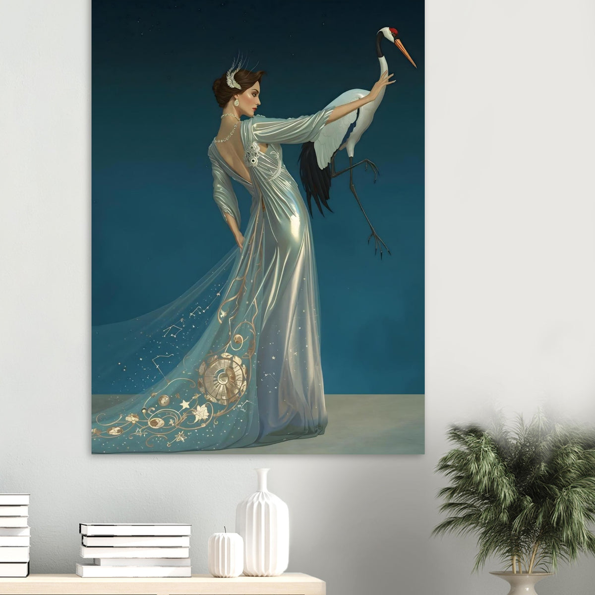 Celestial Elegance Crane & Stargazer Fine Art Poster – A Vision of Myth & Beauty