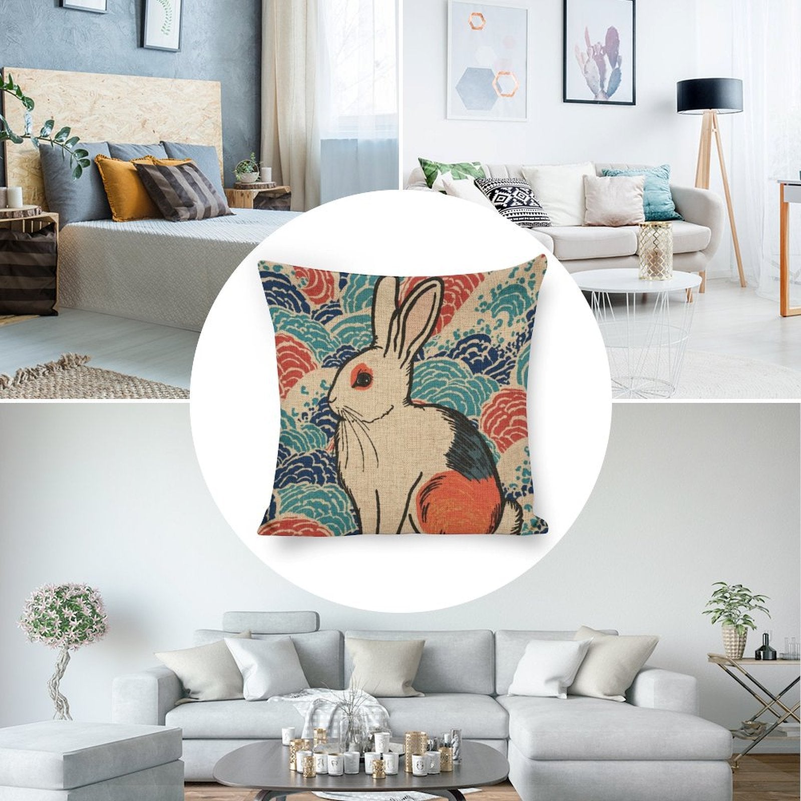 Vivid Rabbit Linen Double Sided Throw Pillow Cushion Covers |45×45 cm | Set of 2