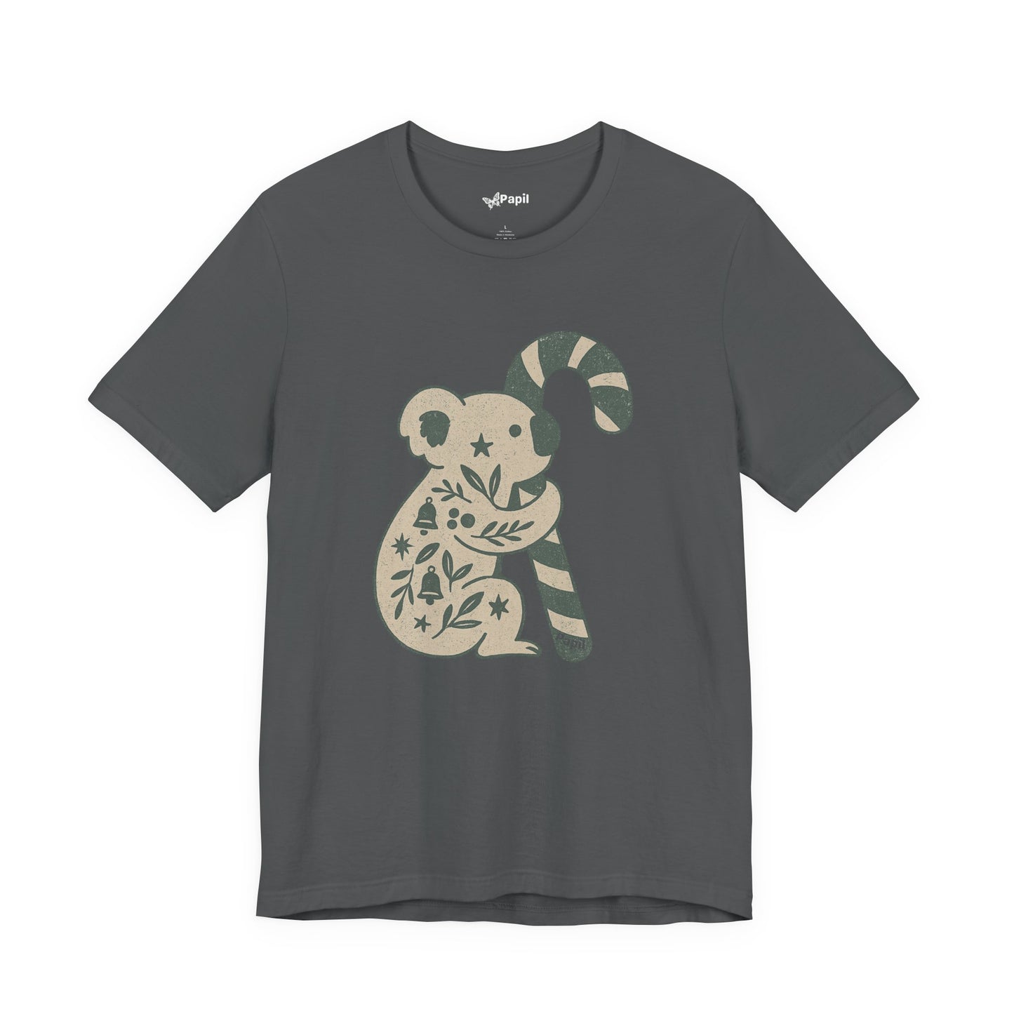 Floral Koala with Candy Cane Christmas Tee | Botanical Animal Woodland T-Shirt Asphalt