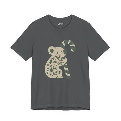Floral Koala with Candy Cane Christmas Tee | Botanical Animal Woodland T-Shirt Asphalt