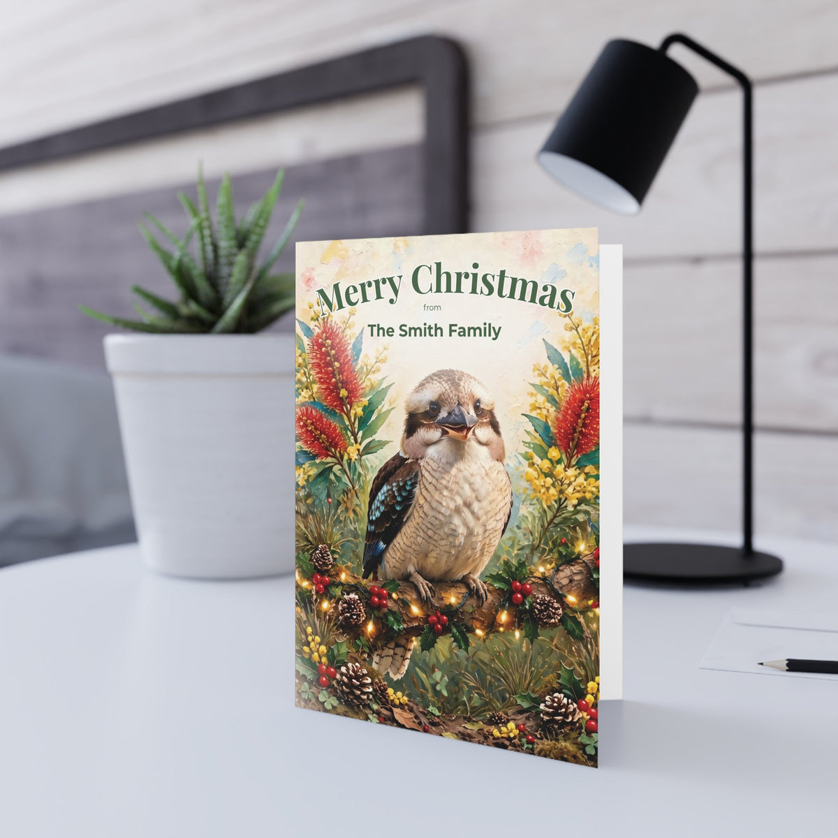 Personalised Christmas Cards Pack of 10 with Envelopes, Custom Family Name Kookaburra Christmas Card, Australian Animals Xmas (US and CA)