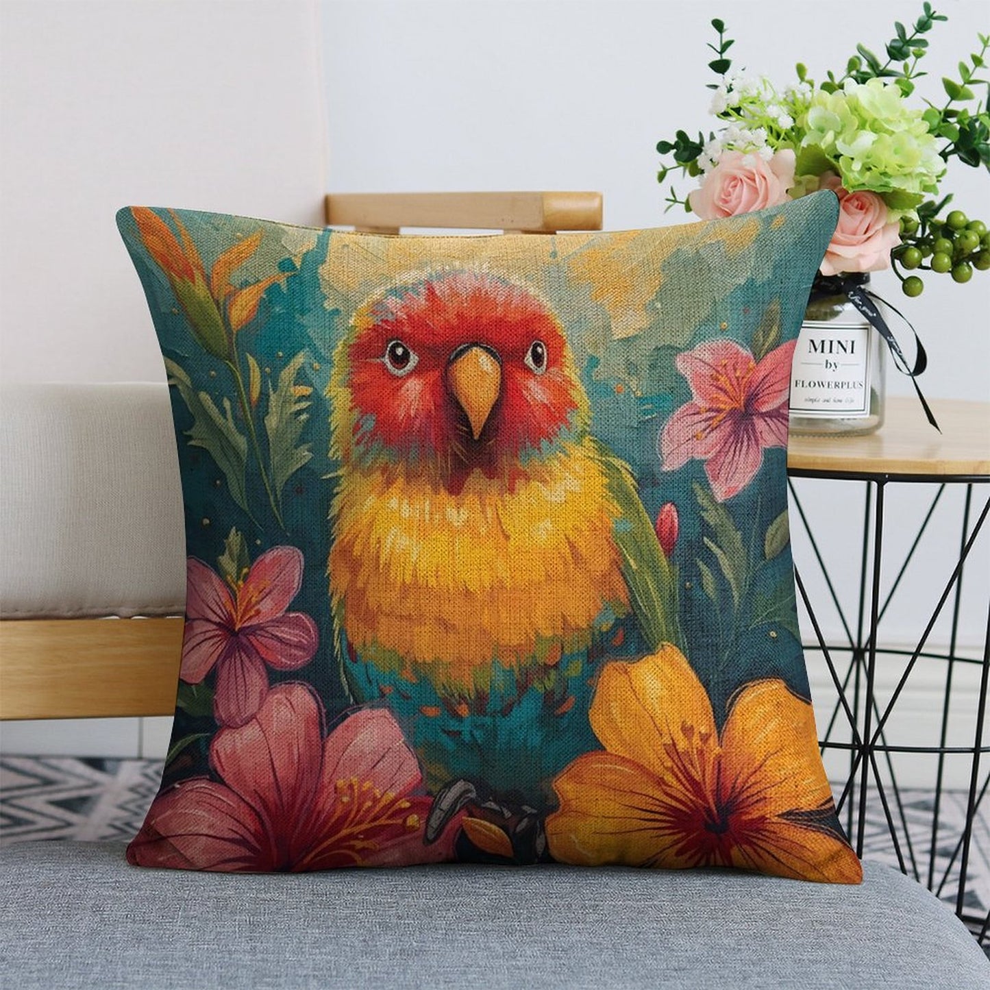 Tropical Lovebird Linen Cushion Pillow Cover — Double-Sided Print, 45×45cm