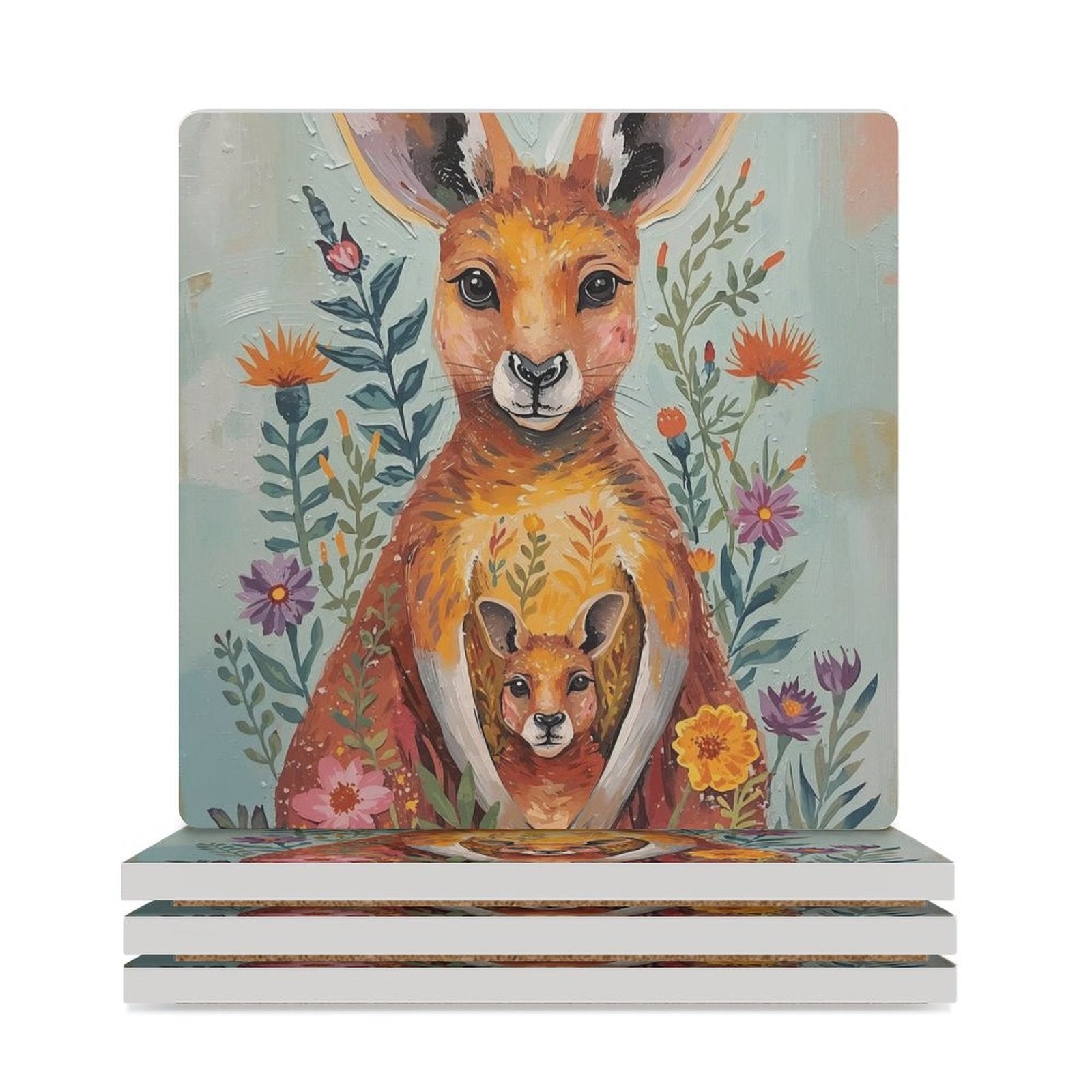 Kangaroo & Joey Ceramic Coasters (Set of 4 or 6) white