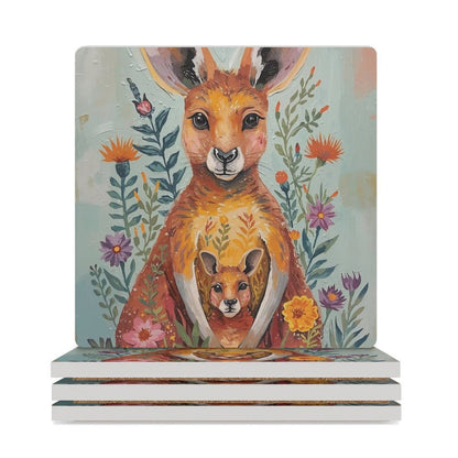 Kangaroo & Joey Ceramic Coasters (Set of 4 or 6) white