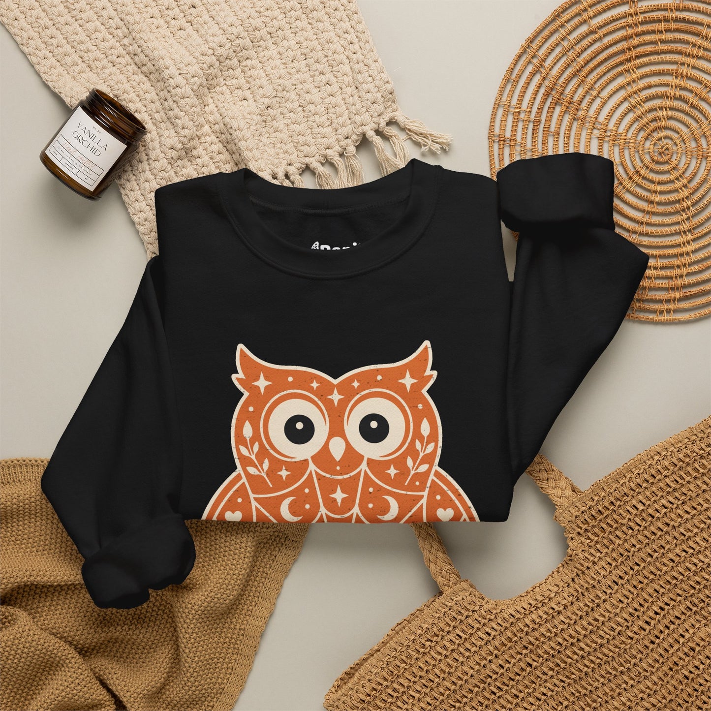 Decorative Folk Owl Crewneck Sweatshirt | Vintage Graphic Pullover