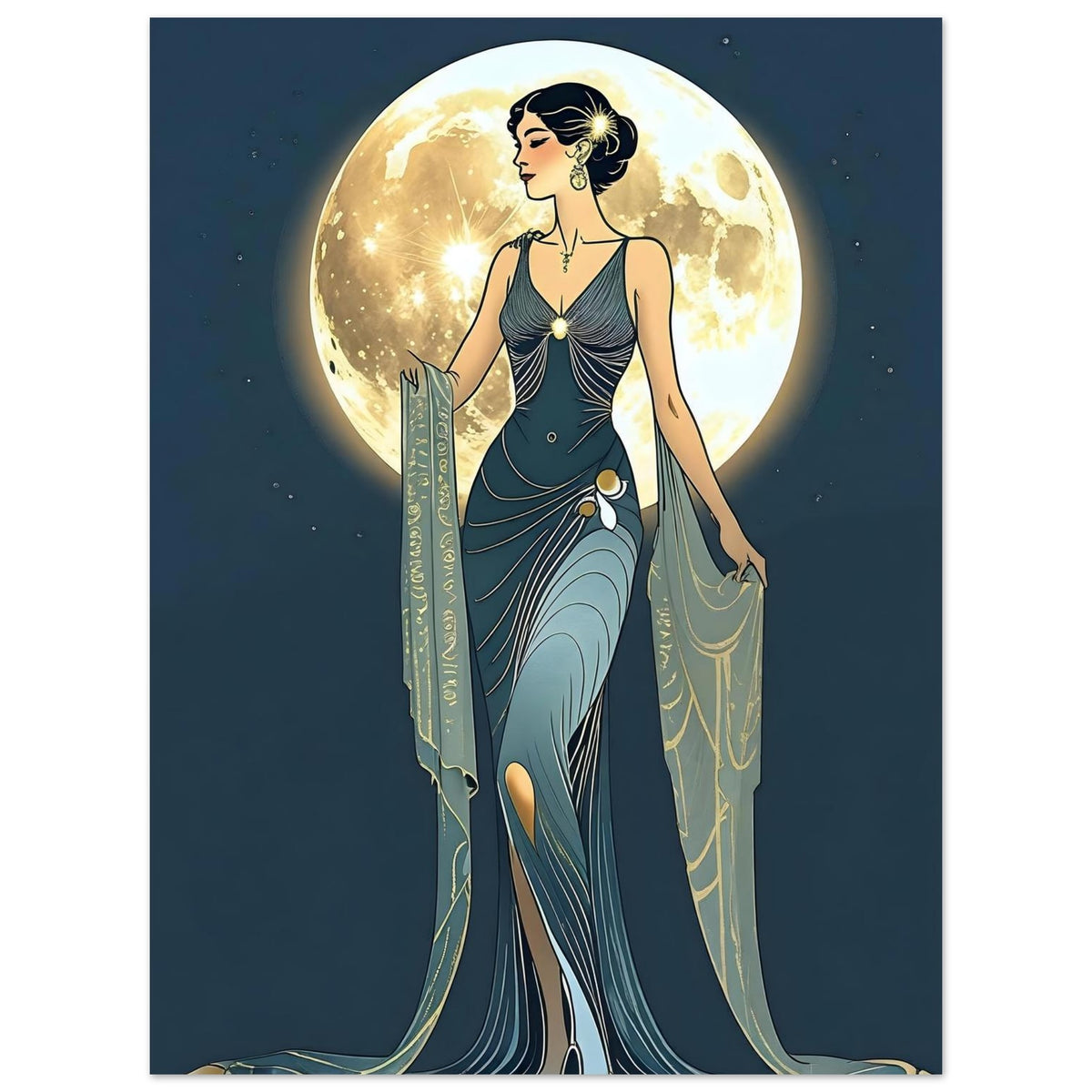 Art Deco Diva Moonlit Fine Art Poster - A Touch of Roaring Twenties Glamour for Your Walls 45x60 cm 18x24″