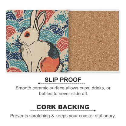 Vivid Rabbit Japanese Ukiyo-e Inspired Ceramic Coasters (Set of 4 or 6)