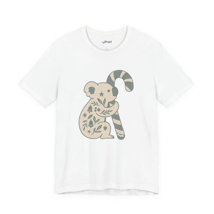 Floral Koala with Candy Cane Christmas Tee | Botanical Animal Woodland T-Shirt White