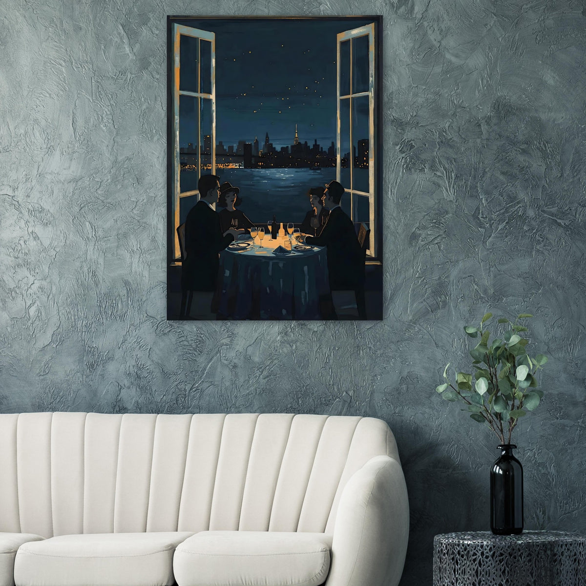 Midnight Rendezvous Fine Art Poster - Evocative Cityscape Dining Art Print
