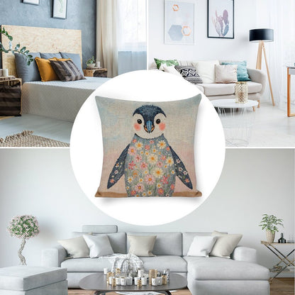 Floral Penguin Linen Cushion Pillow Cover — Double-Sided Print, 45×45cm