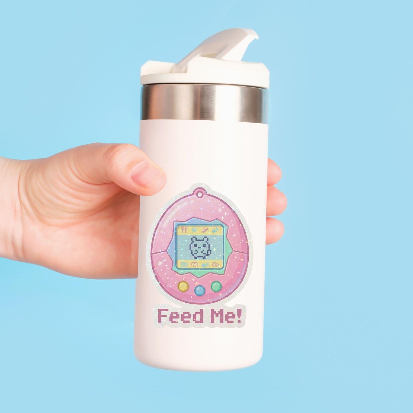 Feed Me Virtual Pet | 90s Retro Gaming | Glitter Vinyl | Die-Cut Sticker