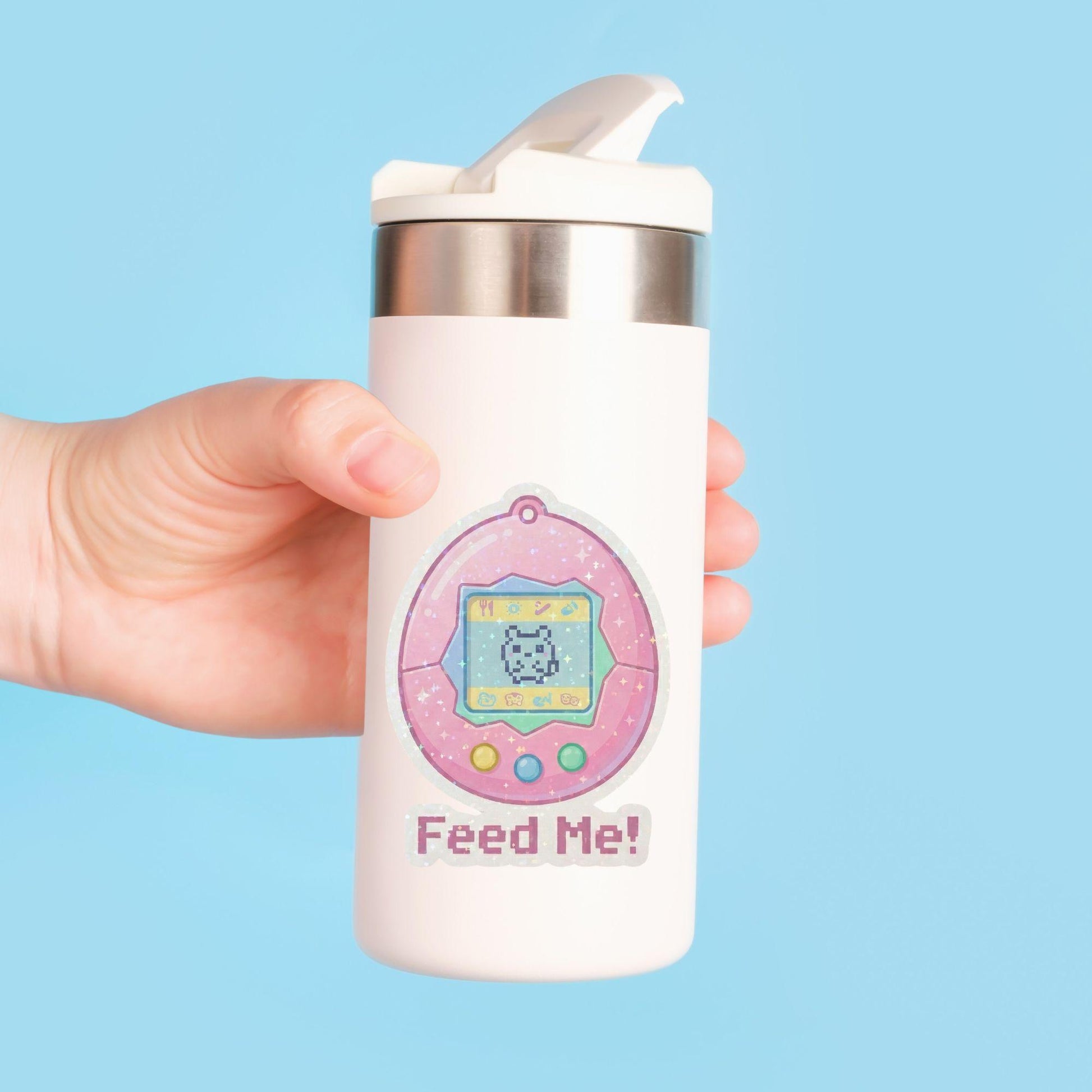Feed Me Virtual Pet | 90s Retro Gaming | Glitter Vinyl | Die-Cut Sticker