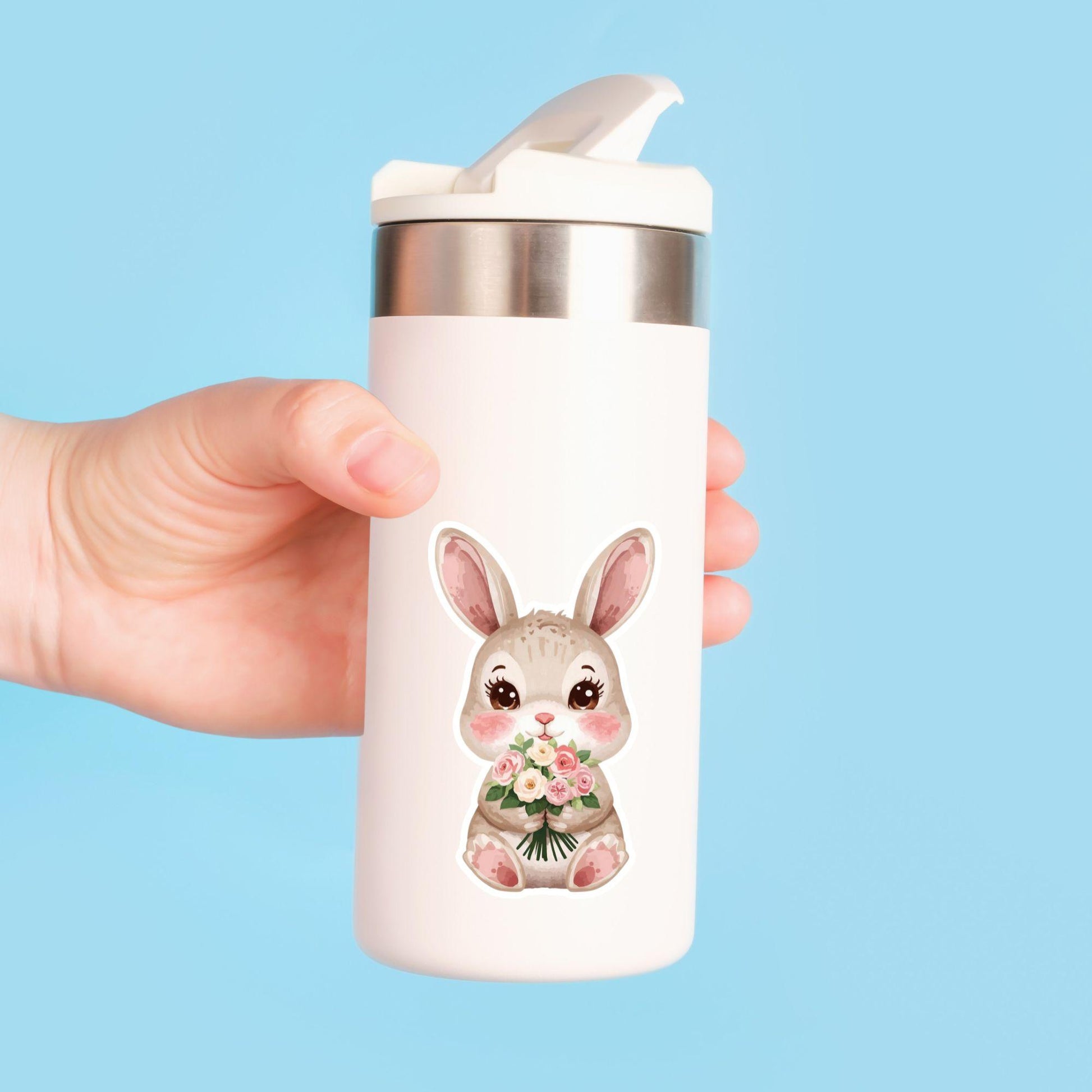 Bunny Bouquet Spring Flowers | Cottagecore | White Vinyl | Die-Cut Sticker