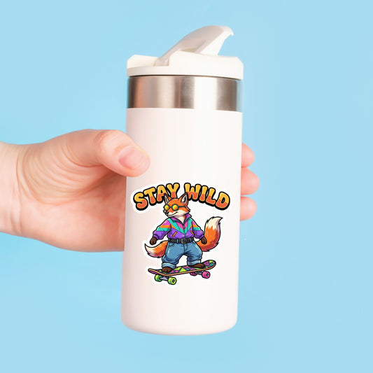 Stay Wild Skater Fox | 90s Retro | White Vinyl | Die-Cut Sticker