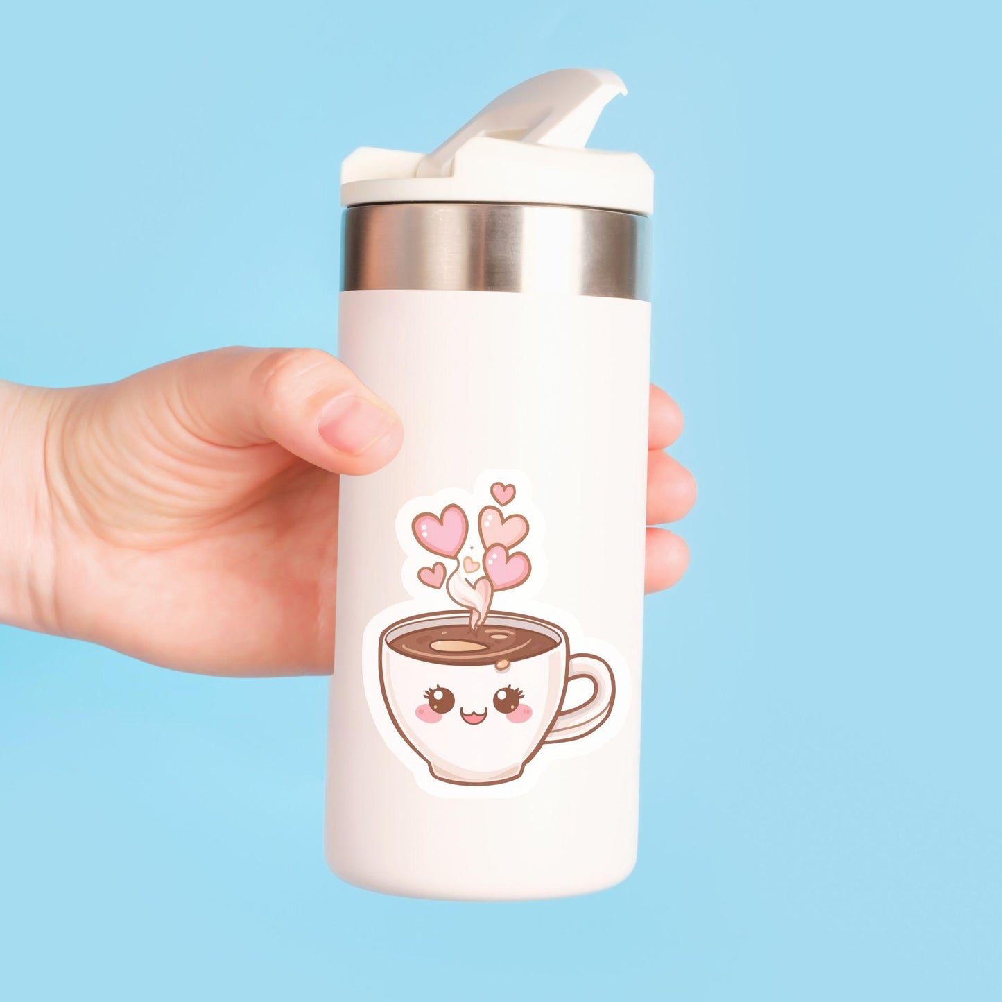 Coffee Cup of Love Smiling Mug | Kawaii Food | White Vinyl | Die-Cut Sticker