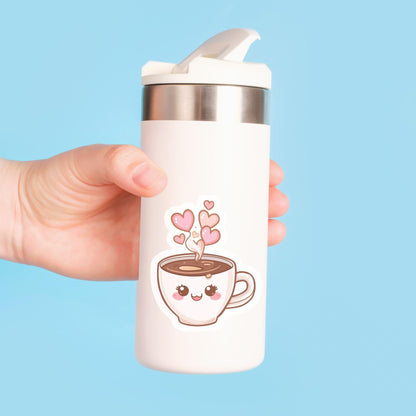 Coffee Cup of Love Smiling Mug | Kawaii Food | White Vinyl | Die-Cut Sticker