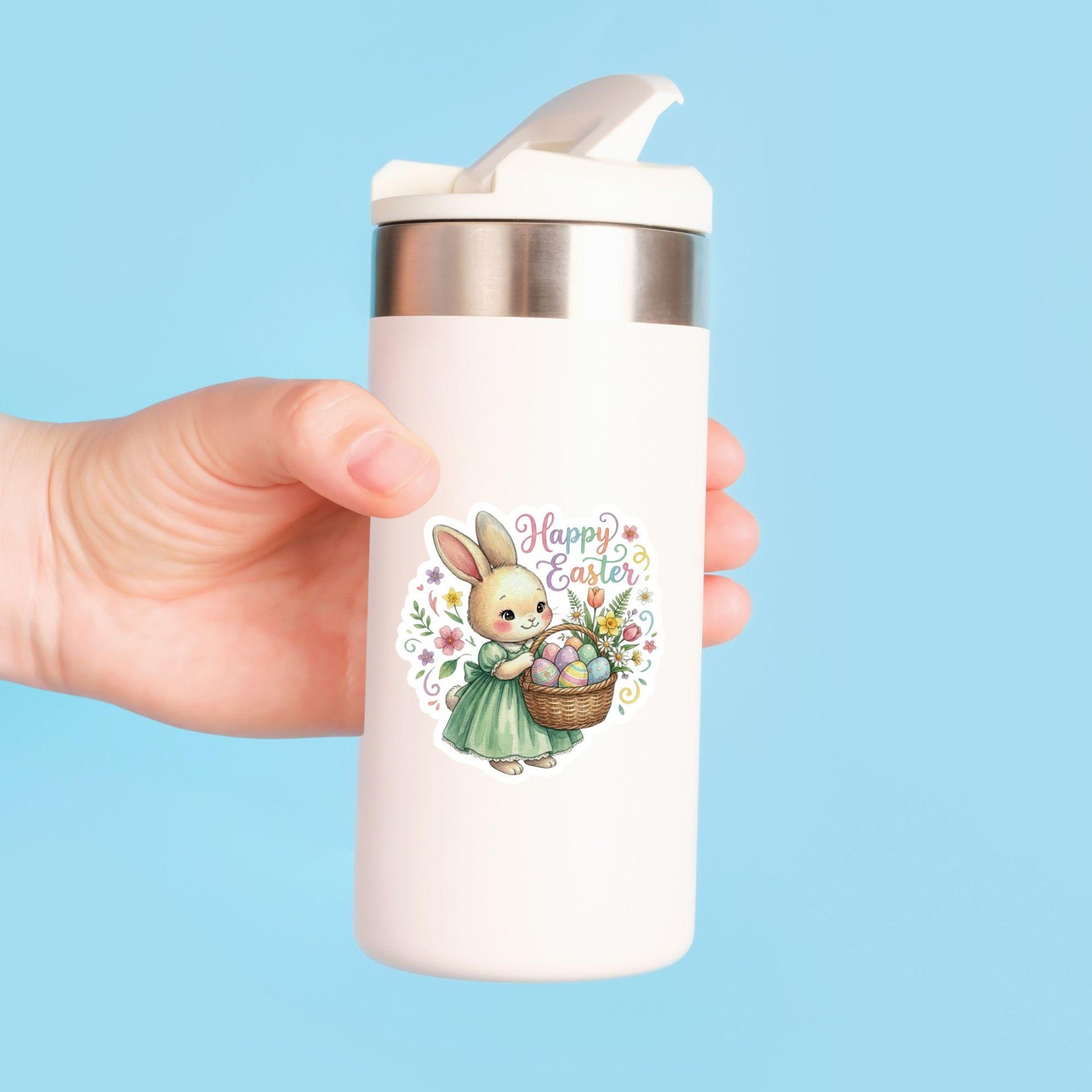 Happy Easter Bunny Spring Basket | Easter Decal | White Vinyl | Die-Cut Sticker