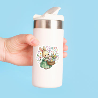 Happy Easter Bunny Spring Basket | Easter Decal | White Vinyl | Die-Cut Sticker