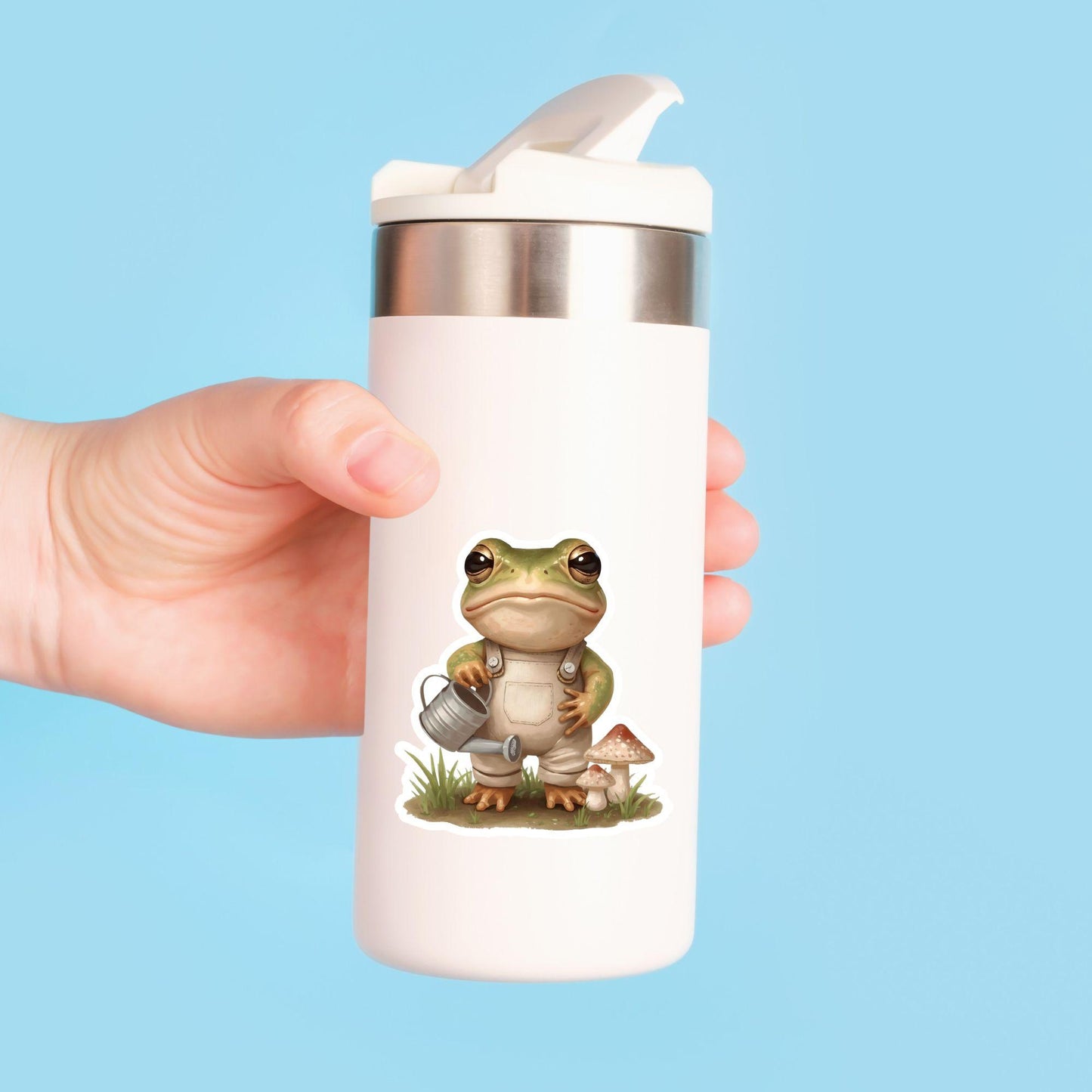 Gardening Frog Overalls & Can | Cottagecore | White Vinyl | Die-Cut Sticker