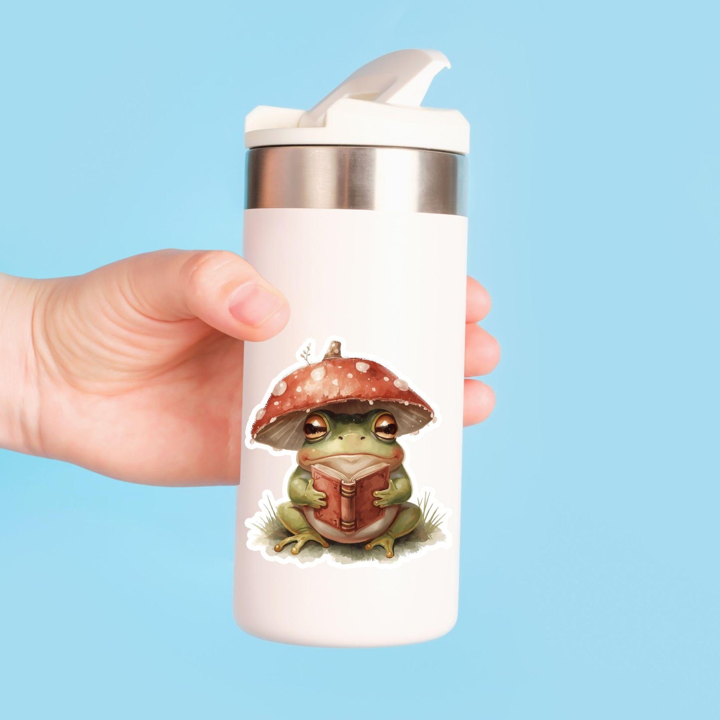 Reading Mushroom Frog Bookish | Cottagecore | White Vinyl | Die-Cut Sticker