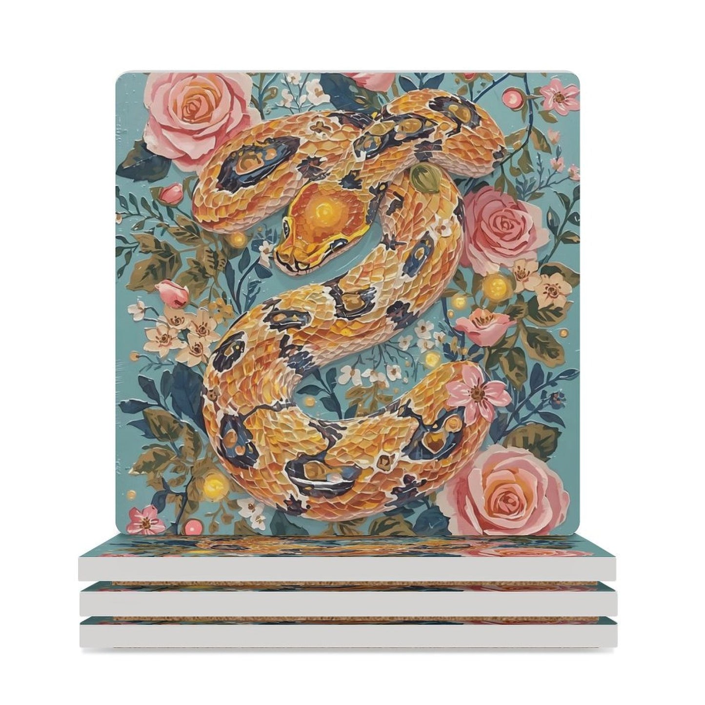 Serpent & Roses Ceramic Coasters (Set of 4 or 6) white